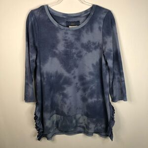 Cupio Blue Tie Dye Blue 3/4 Sleeve Ruffle Side Top